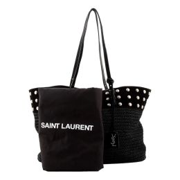 Saint Laurent "Boucle" Studded Tote Bag in Suede/Raffia - Black