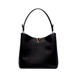 Versace “Virtus” Large Hobo Bag in Calf Leather - Black