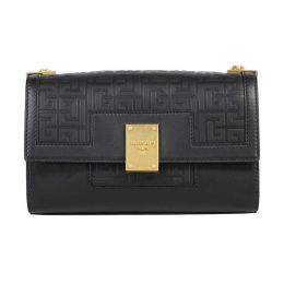 Balmain "1945" Flap Shoulder Bag in Emb. Calf Leather - Black