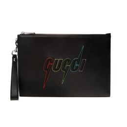 Gucci "Blade Embroidered" Wristlet Pouch in Calf Leather - Black