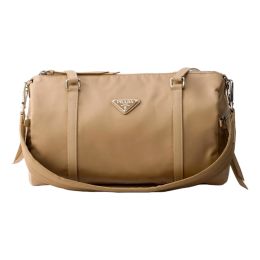 Prada Small Re-Nylon and Safiano Calf Leather Beige Duffel Bag
