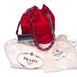 Prada Re-Nylon Drawstring Bucket Bag w/ Crystal Handle - Red