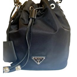 Prada Re-Nylon/Leather Black Tassel Drawstring Bucket Bag