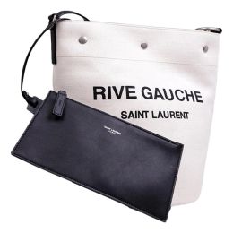 Saint Laurent “Rive Gauche” Linen Bucket Bag w/ Leather Trim