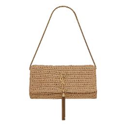 Saint Laurent "Kate 99" Beige Woven Raffia Tassel Shoulder Bag
