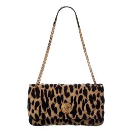 Versace Wool/Leather Leopard Print w Chain Strap Shoulder Bag
