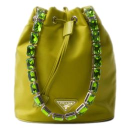 Prada Re-Nylon Drawstring Bucket Bag with Crystal Handle (Please choose color: Fern Green)