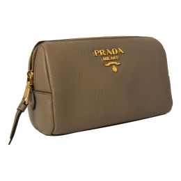 Prada Brown or Grey Cosmetic Bag in Vitello Daino Calf Leather (Please choose color: Argilla Grey)